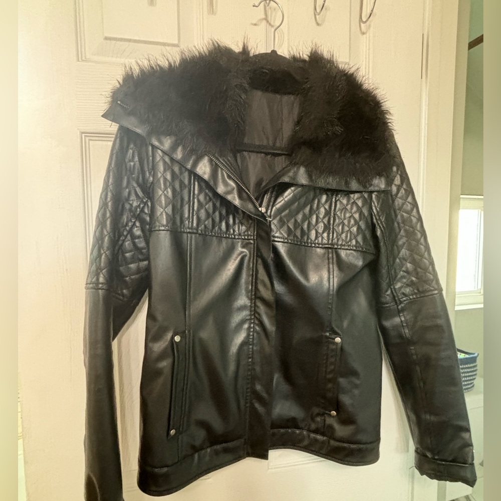 Faux Leather Jacket with Fur Collar